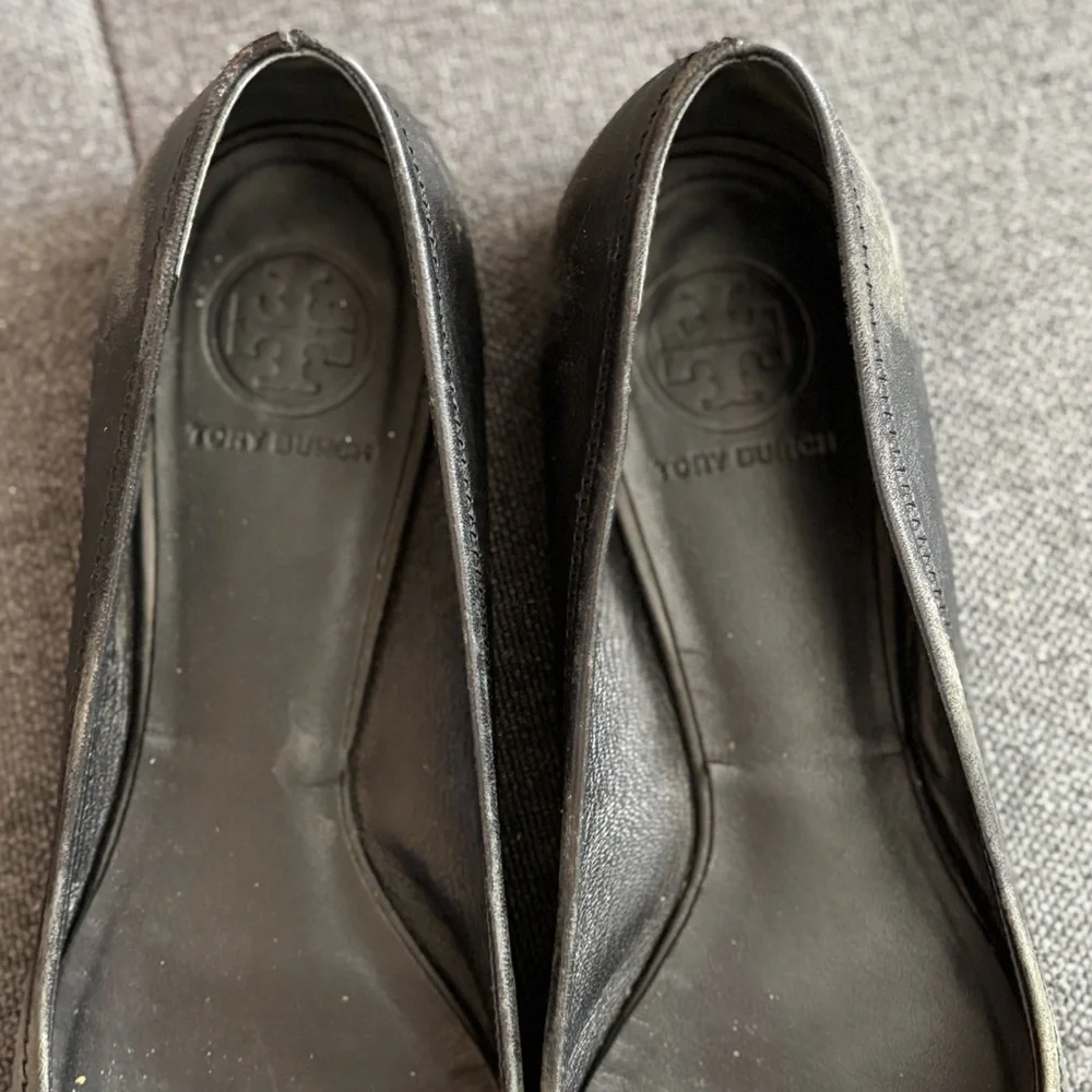 Tory Burch Black Leather Logo Cap-Toe Flats with Gold Emblem